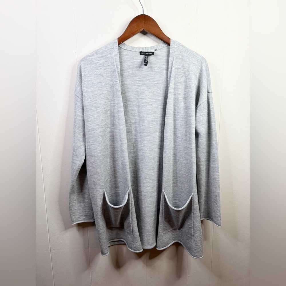 Eileen Fisher grey long line wool blend lightweight cardigan sweater size XXS